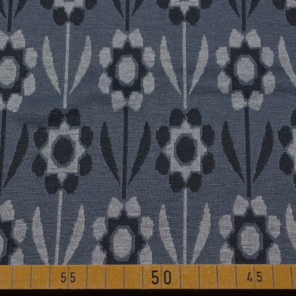 Floraler Stoff in Blau und Grau – Blumenmuster für elegante Kleidung und Accessoires, 150 cm breit, 280 g/m².