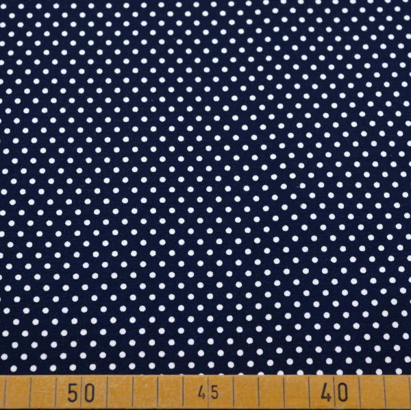 Baumwoll Jersey mit weißen Punkten: Marineblauer Hintergrund, 95% Baumwolle, 5% Elasthan, 200 g/m², 140 cm breit