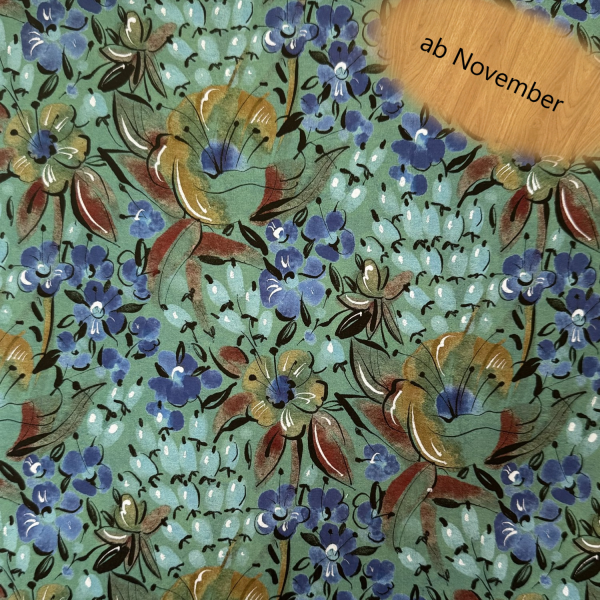 French Terry Stoff mit Blumen und Blüten in Blau, Hellblau, Gelb und Rot – Herbstliche Farben, 150 cm Breite, 250 g/m²