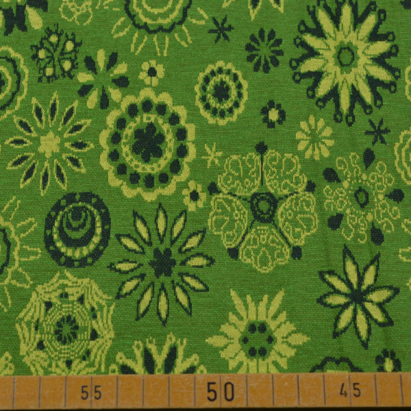 Grüner Strickstoff mit floralem Muster – 65% Polyester, 35% Viskose, 140 cm breit, 215 g/m².