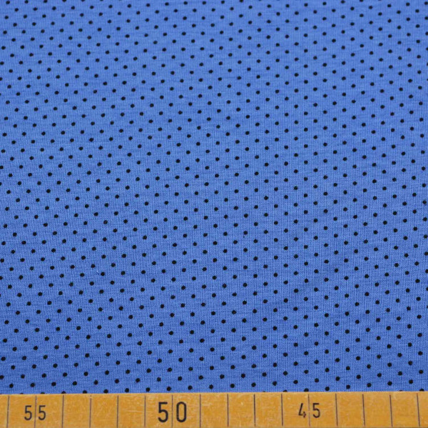 Baumwoll Jersey mit Schwarzen Punkten auf Blauem Hintergrund - 95% Baumwolle, 5% Elasthan, 200 g/m², 140 cm breit