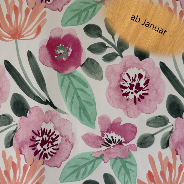 Musselin Stoff – 100% Baumwolle – Lebendiges Blumenmuster in Rosa, Pink und Orange mit grünen Blättern – 130 cm breit, 125 g/m²