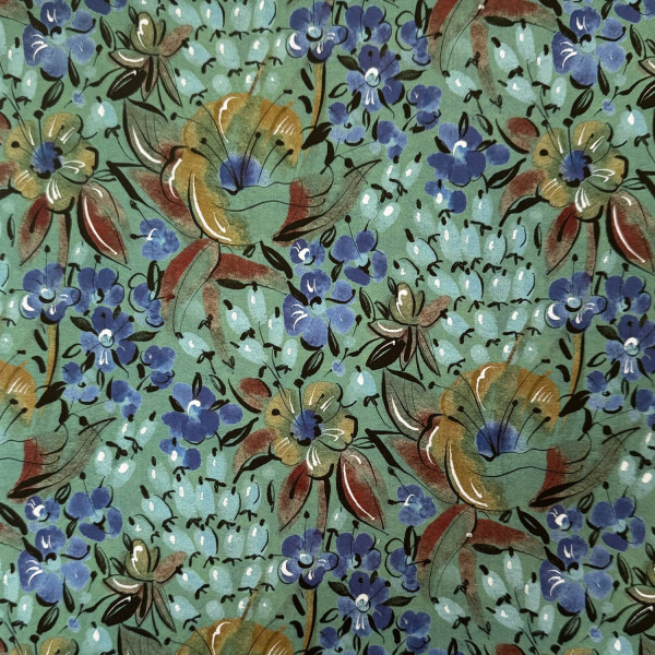 French Terry Stoff mit Blumen und Blüten in Blau, Hellblau, Gelb und Rot – Herbstliche Farben, 150 cm Breite, 250 g/m²